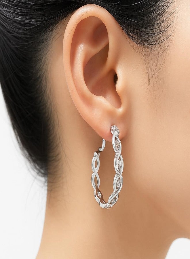 ZENCHEER Clip On Hoop Earrings for Women,Cubic Zirconia CZ Gold Silver Plated Twisted Drop Clip On Earings for Non Pierced Ears Lightweight Jewelry Gifts (Silver) - Image 4